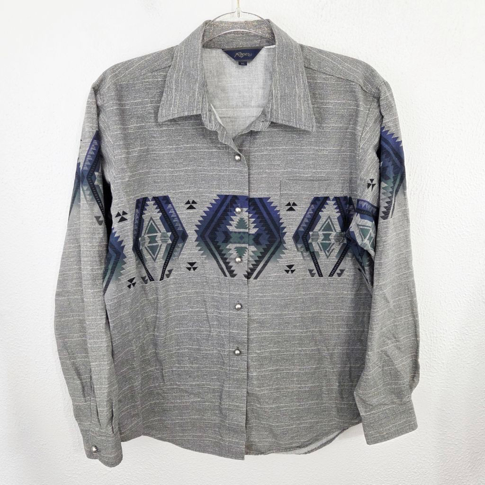 Vintage 90s Roper western shirt gray blue ombre aztec geometric women's size XL